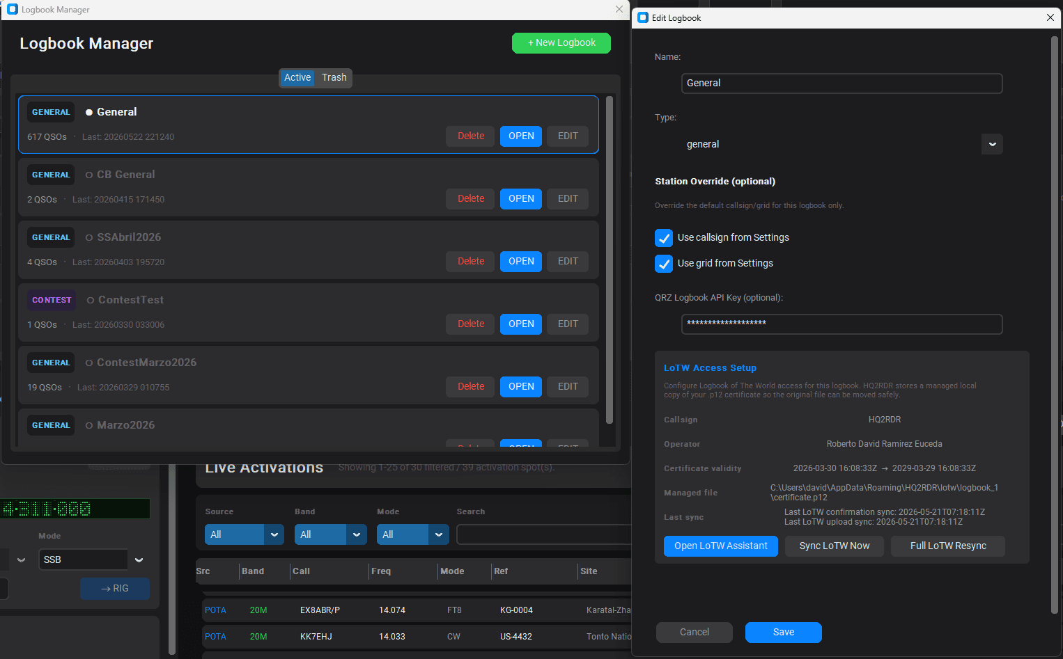 HQ2RDR Administración de logbooks screenshot