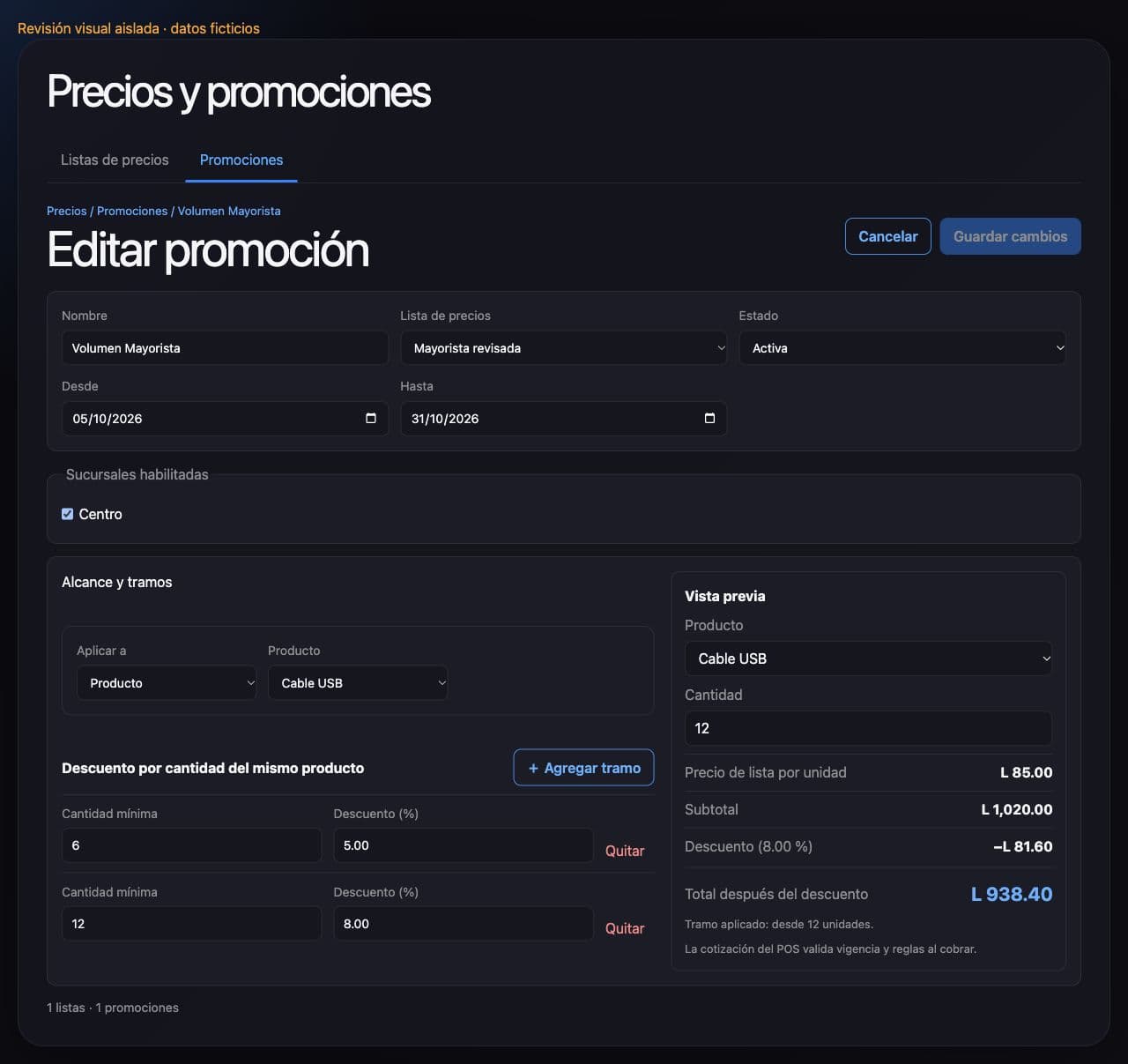 Editor de promoción con tramos por cantidad y vista previa del total